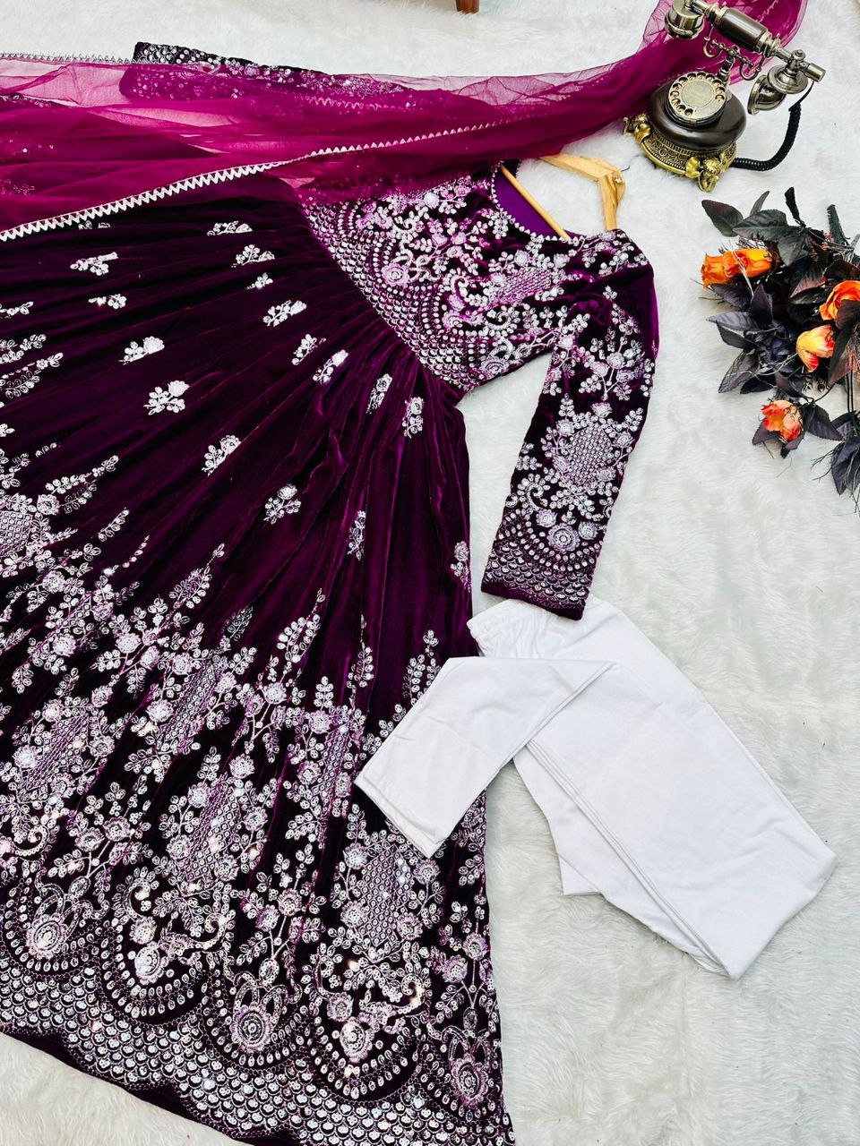 Fantastic Wine Color Velvet Embroidery Sequence Salwar Suit Clothsvilla