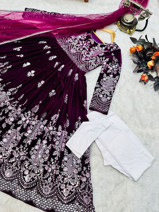 Fantastic Wine Color Velvet Embroidery Sequence Salwar Suit Clothsvilla