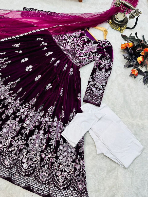 Fantastic Wine Color Velvet Embroidery Sequence Salwar Suit Clothsvilla