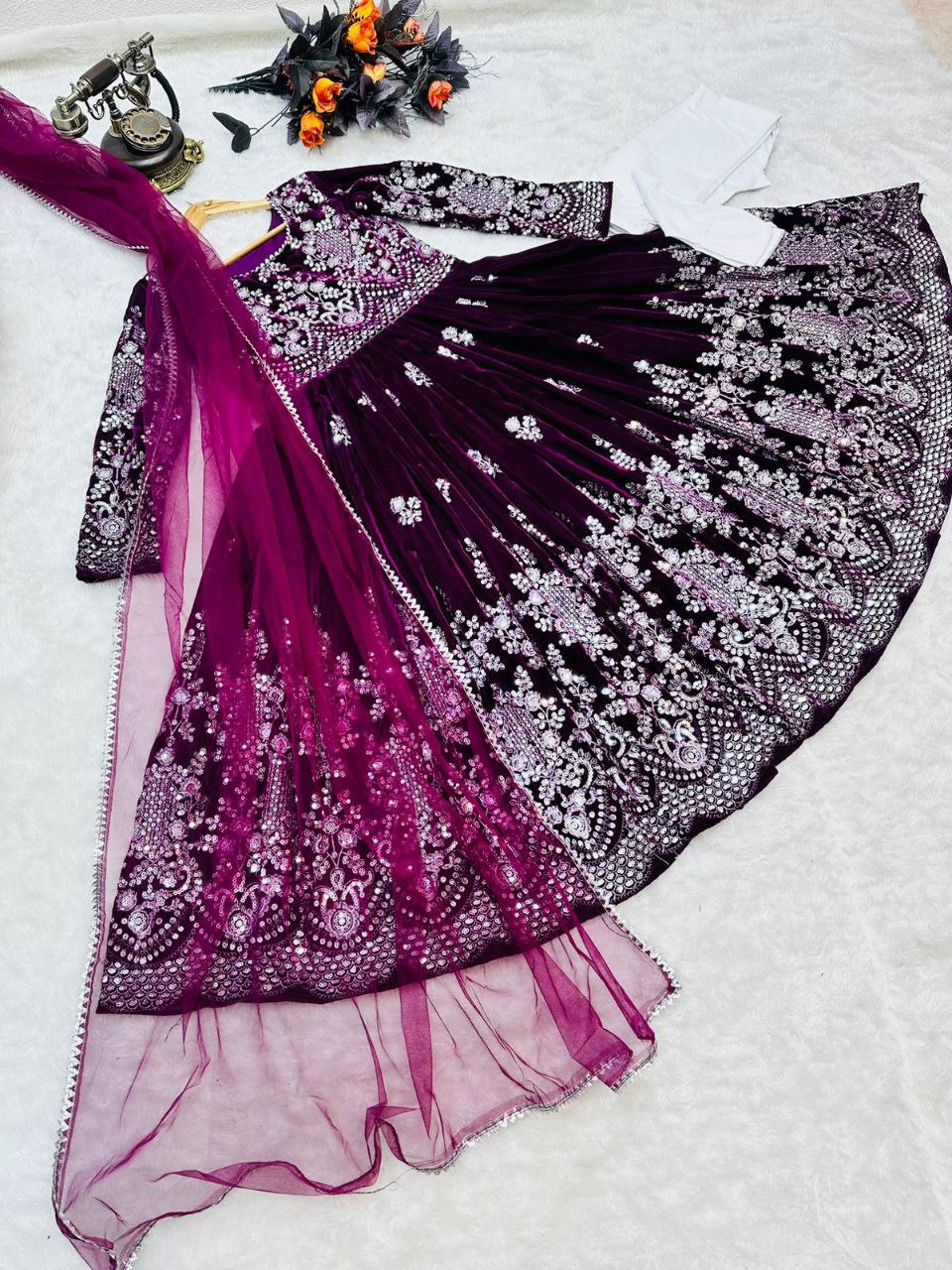 Fantastic Wine Color Velvet Embroidery Sequence Salwar Suit Clothsvilla