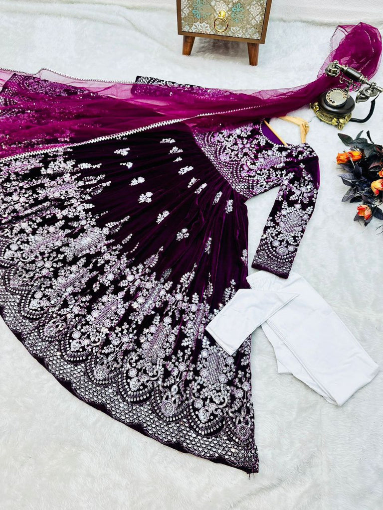 Fantastic Wine Color Velvet Embroidery Sequence Salwar Suit Clothsvilla