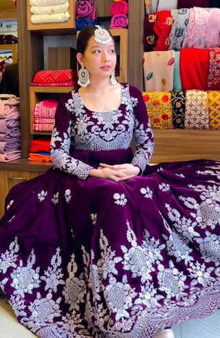 Fantastic Wine Color Velvet Embroidery Sequence Salwar Suit Clothsvilla