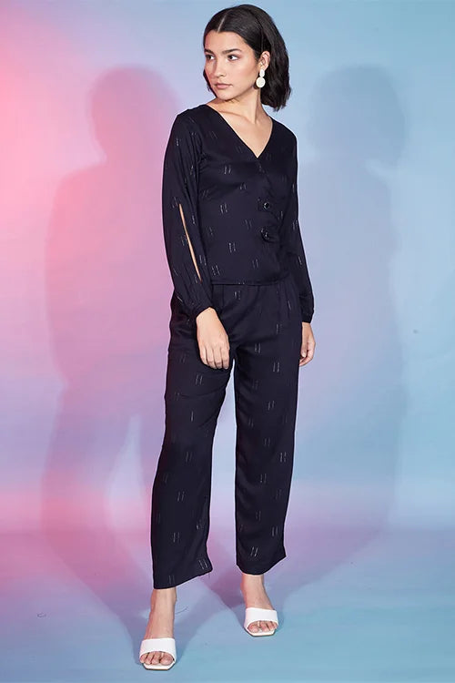 Fashionable Navy Blue Fancy Fabric Self Design Co-Ord For Womens ClothsVilla.com