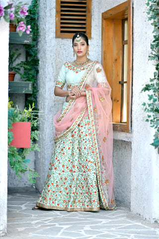 Figurative Mint Green Thread And Sequins Embroidered Silk Bridal Ghagra Choli ClothsVilla
