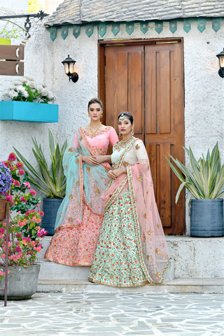 Figurative Mint Green Thread And Sequins Embroidered Silk Bridal Ghagra Choli ClothsVilla