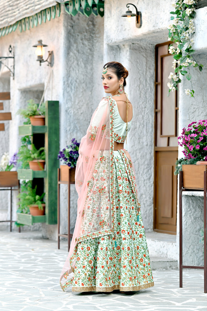 Figurative Mint Green Thread And Sequins Embroidered Silk Bridal Ghagra Choli ClothsVilla