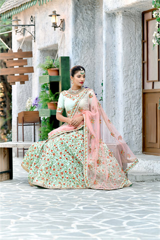 Figurative Mint Green Thread And Sequins Embroidered Silk Bridal Ghagra Choli ClothsVilla