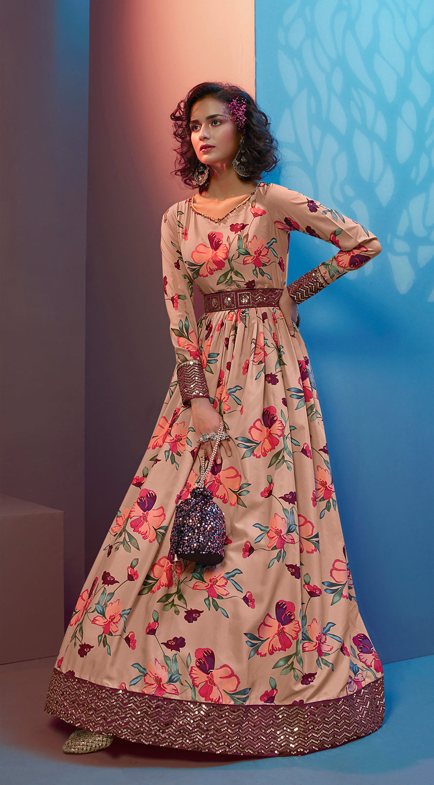 Figurative Peach Print With Sequince Embroidered Natural Crepe Anarkali Long Gown Semi Stitched ClothsVilla