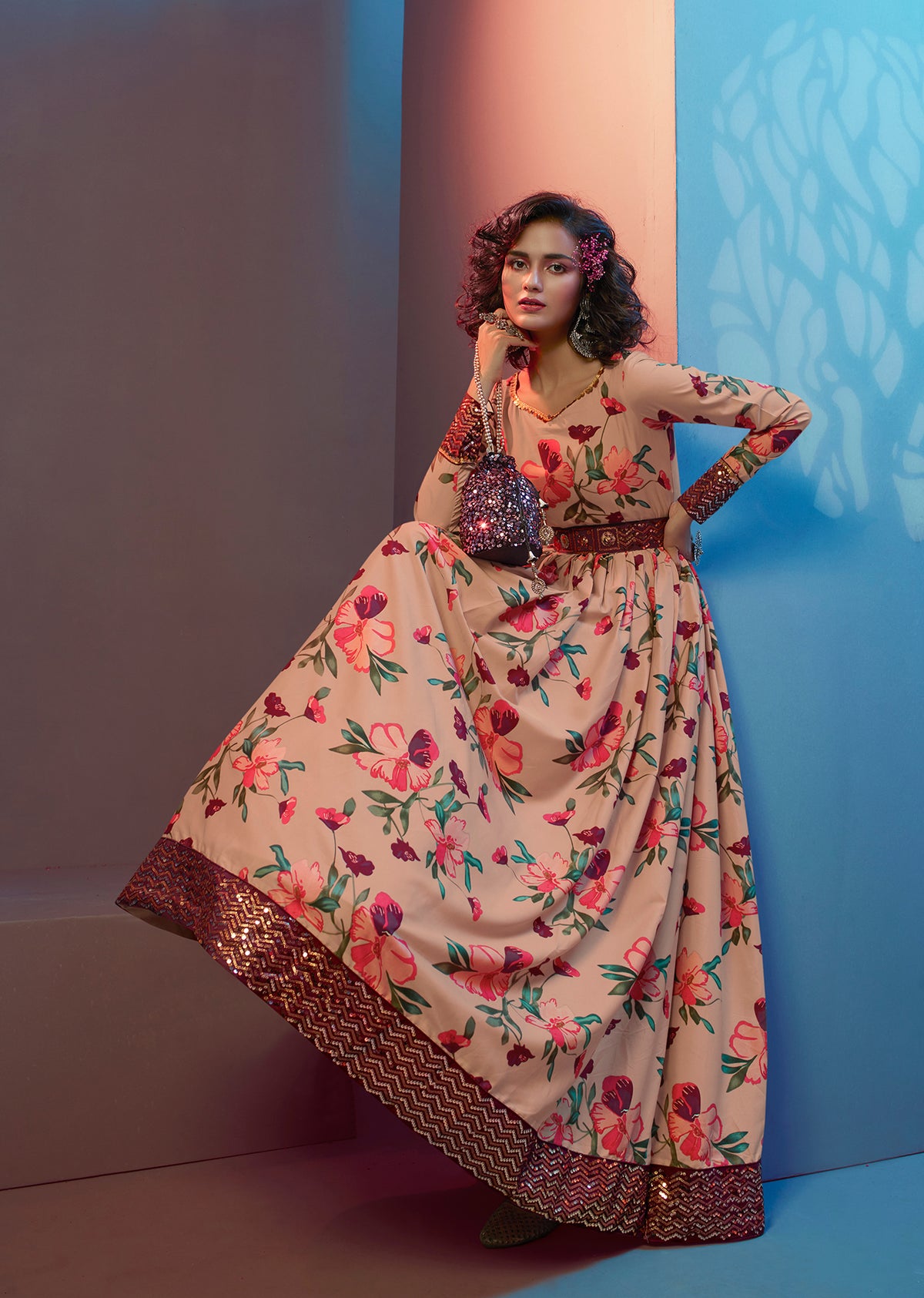 Figurative Peach Print With Sequince Embroidered Natural Crepe Anarkali Long Gown Semi Stitched ClothsVilla