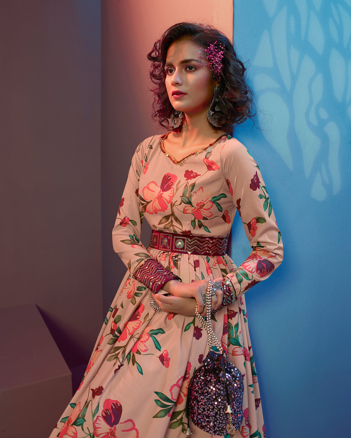 Figurative Peach Print With Sequince Embroidered Natural Crepe Anarkali Long Gown Semi Stitched ClothsVilla