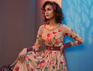 Figurative Peach Print With Sequince Embroidered Natural Crepe Anarkali Long Gown Semi Stitched ClothsVilla