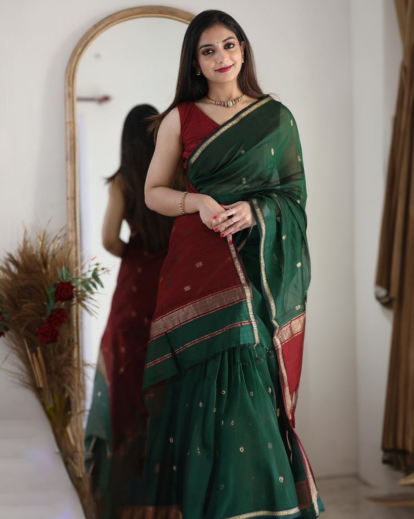 In a green & maroon color half saree and elbow length sleeve blouse design  | Half saree designs, Wedding blouse designs, Lehenga saree design