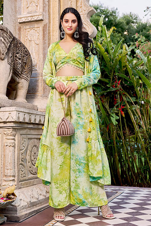 Floracance Green  Silk Print Work Three Piece Co-Ord Set ClothsVilla.com