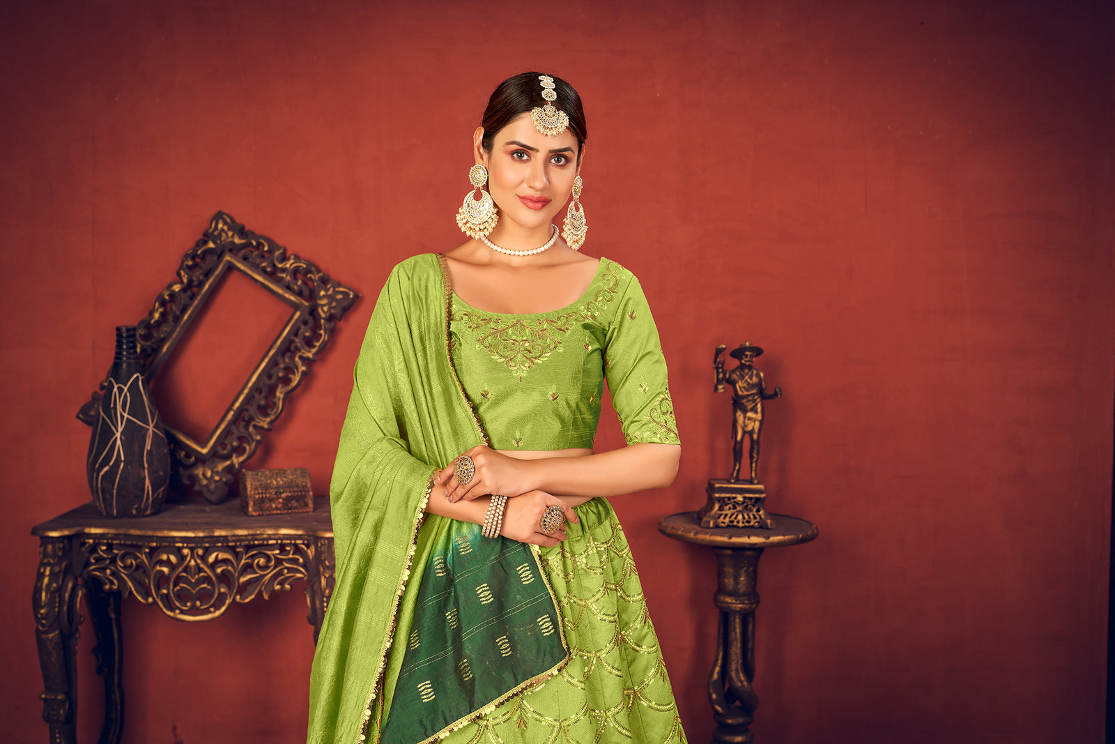 Floracance Green With Art Silk Fabric And Heavy Thread With Sequince Embroidered Work And Including Heavy Can-Can And Canvas Lehenga Choli ClothsVilla