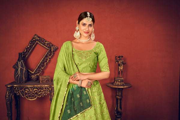 Floracance Green With Art Silk Fabric And Heavy Thread With Sequince Embroidered Work And Including Heavy Can-Can And Canvas Lehenga Choli ClothsVilla