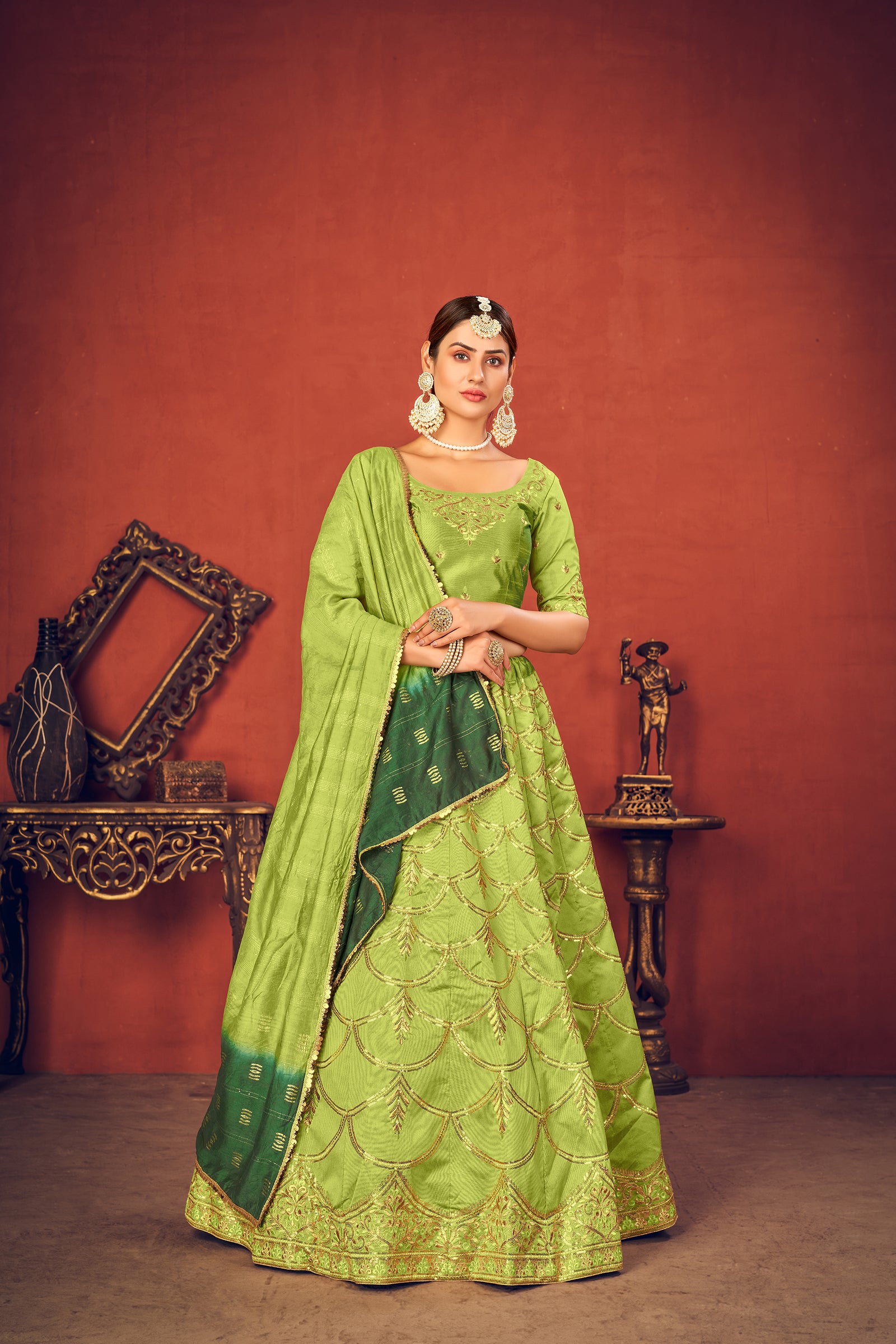 Floracance Green With Art Silk Fabric And Heavy Thread With Sequince Embroidered Work And Including Heavy Can-Can And Canvas Lehenga Choli ClothsVilla