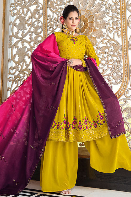 Floracance Green Georgette Thread And Sequins Embroidered Kurta Palazzo Set ClothsVilla.com