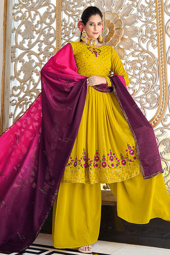 Floracance Green Georgette Thread And Sequins Embroidered Kurta Palazzo Set ClothsVilla.com