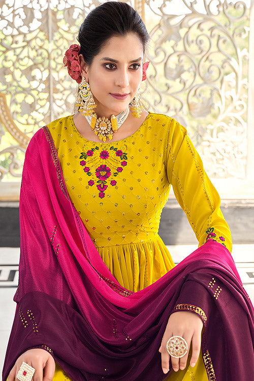 Floracance Green Georgette Thread And Sequins Embroidered Kurta Palazzo Set ClothsVilla.com