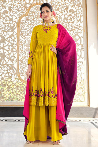 Floracance Green Georgette Thread And Sequins Embroidered Kurta Palazzo Set ClothsVilla.com