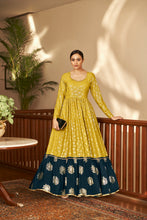 Load image into Gallery viewer, Floracance &amp; Navy Blue Green Metallic Foilage Print Georgette Anarkali Long Gown Semi Stitched ClothsVilla