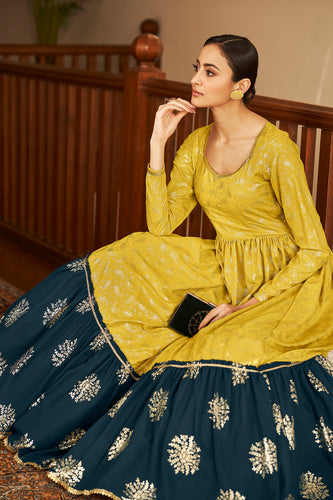 Floracance & Navy Blue Green Metallic Foilage Print Georgette Anarkali Long Gown Semi Stitched ClothsVilla