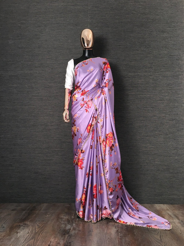 Lavender Color Floral Printed Heavy Japan Satin Saree With Pearl Lace Border Clothsvilla