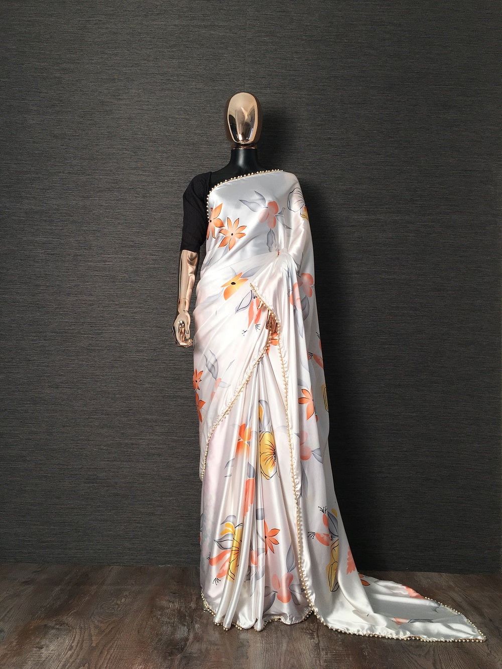 White Color Floral Printed Japan Satin Silk Saree With Pearl Lace Border Clothsvilla