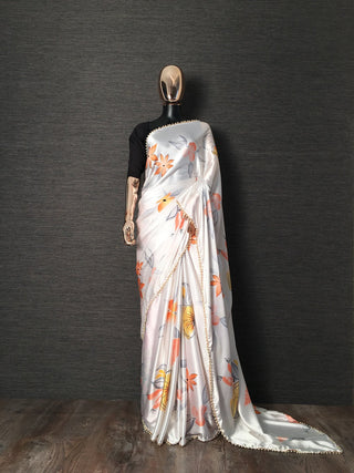 White Color Floral Printed Japan Satin Silk Saree With Pearl Lace Border Clothsvilla