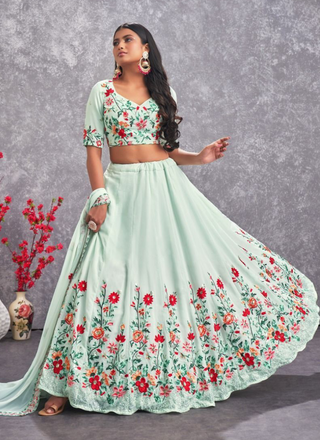 Floral Embroidered Work Georgette Sea Green Lehenga Choli ClothsVilla