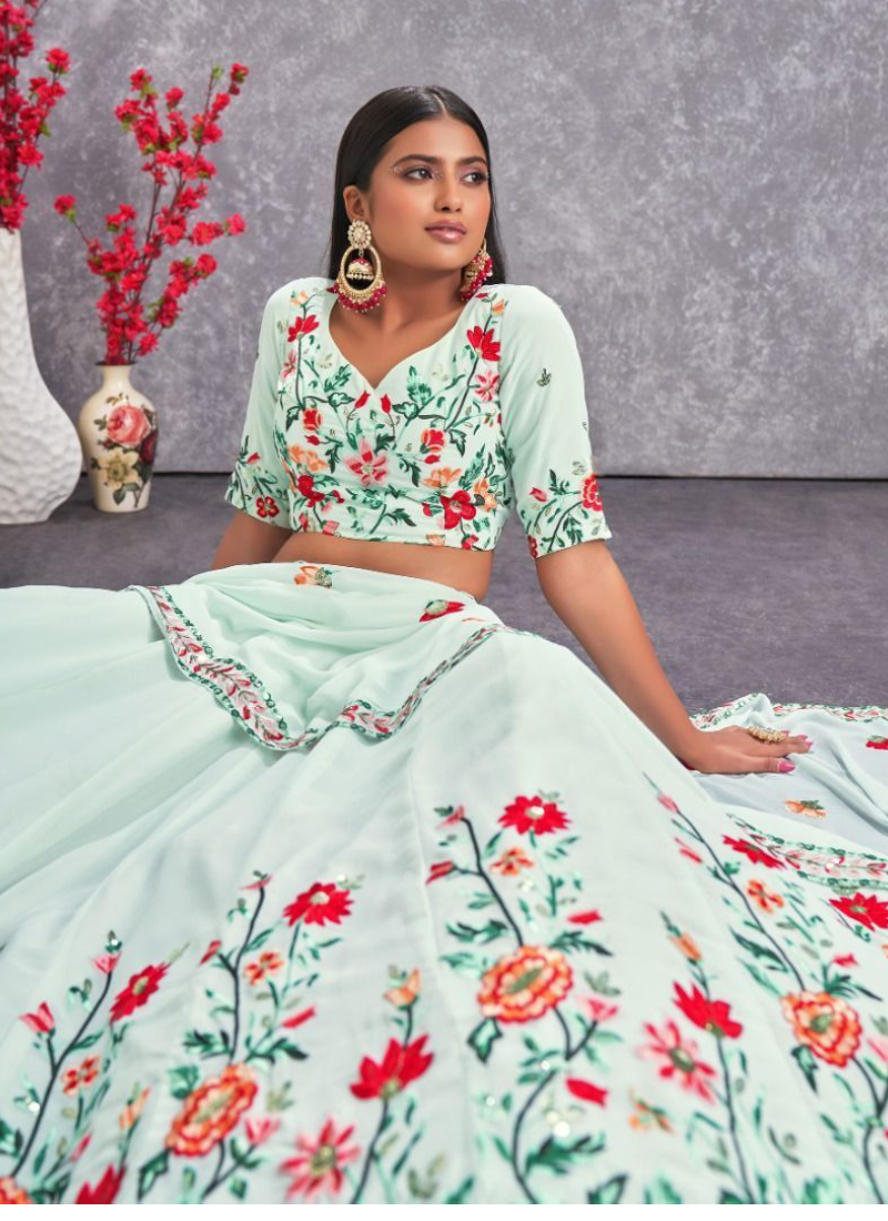 Floral Embroidered Work Georgette Sea Green Lehenga Choli ClothsVilla