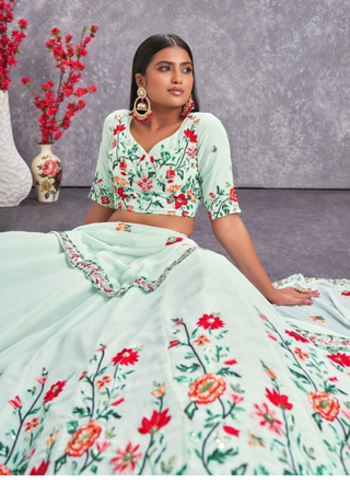 Floral Embroidered Work Georgette Sea Green Lehenga Choli ClothsVilla