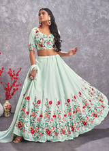 Load image into Gallery viewer, Floral Embroidered Work Georgette Sea Green Lehenga Choli ClothsVilla