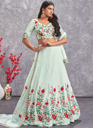Floral Embroidered Work Georgette Sea Green Lehenga Choli ClothsVilla