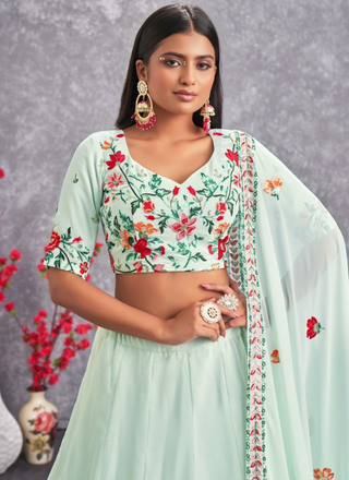 Floral Embroidered Work Georgette Sea Green Lehenga Choli ClothsVilla