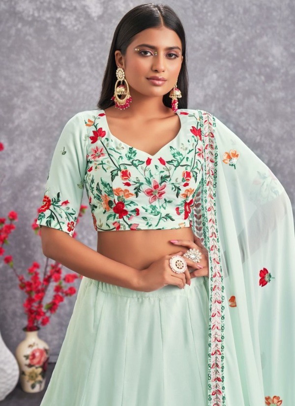 Floral Embroidered Work Georgette Sea Green Lehenga Choli ClothsVilla