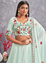 Load image into Gallery viewer, Floral Embroidered Work Georgette Sea Green Lehenga Choli ClothsVilla