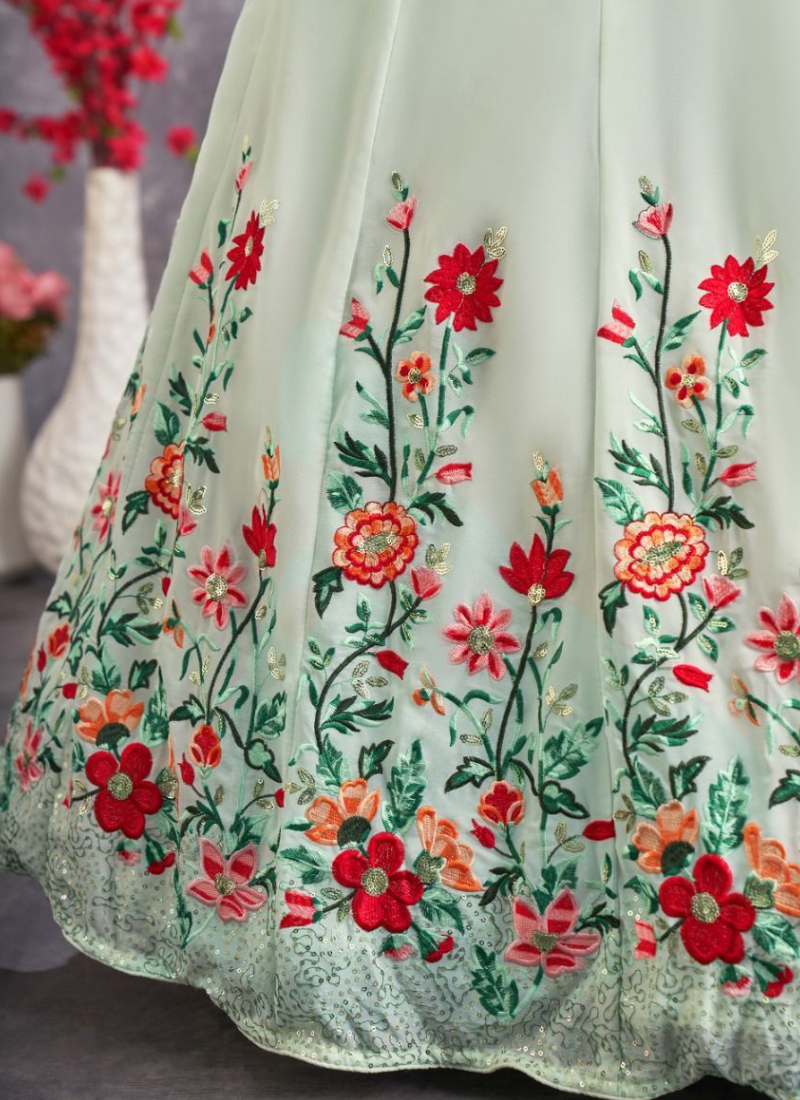 Floral Embroidered Work Georgette Sea Green Lehenga Choli ClothsVilla