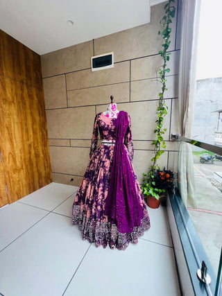 Floral Print With Sequin Work Wine Color Lehenga Choli Clothsvilla