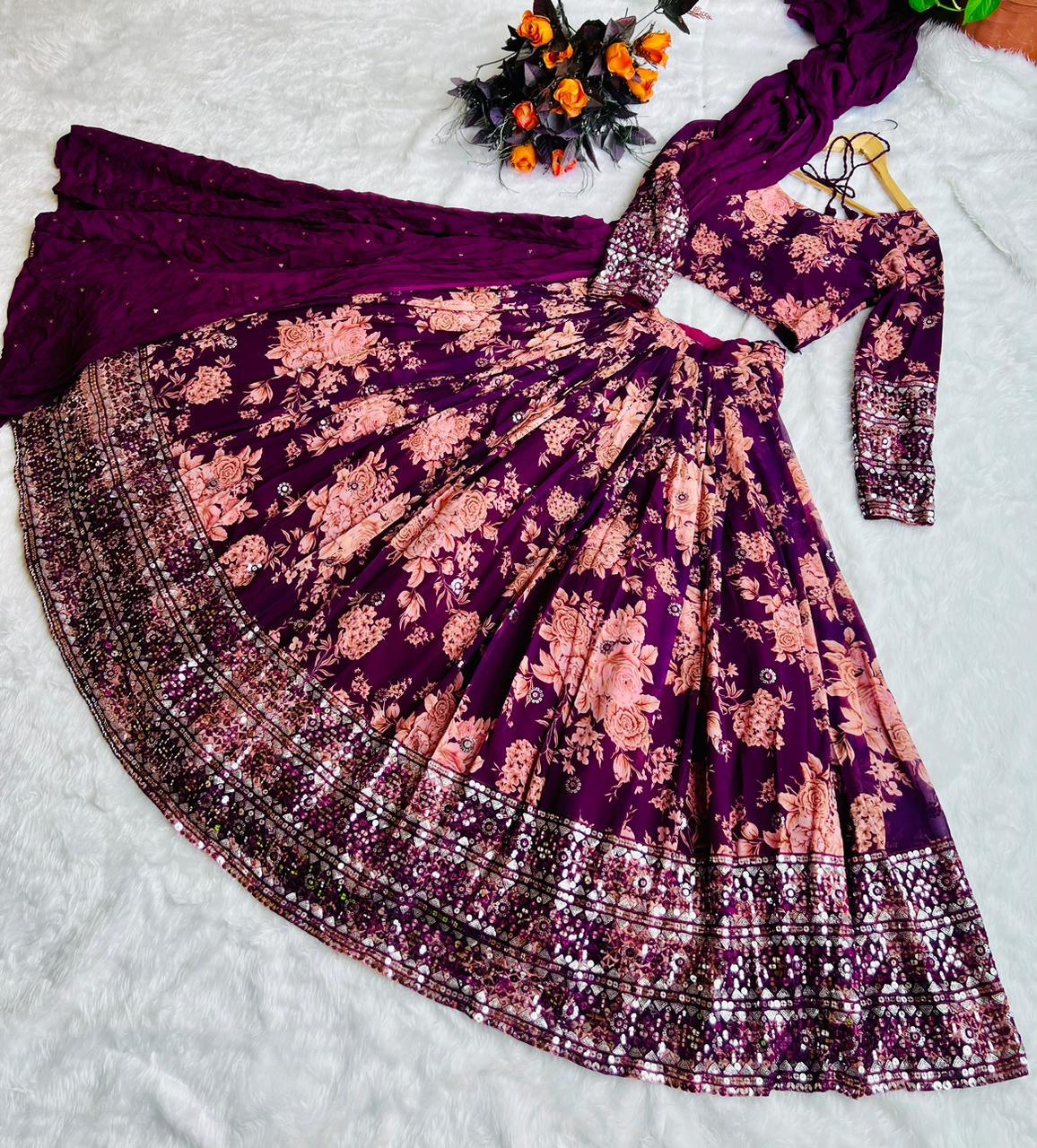 Floral Print With Sequin Work Wine Color Lehenga Choli Clothsvilla