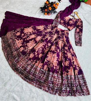 Floral Print With Sequin Work Wine Color Lehenga Choli Clothsvilla