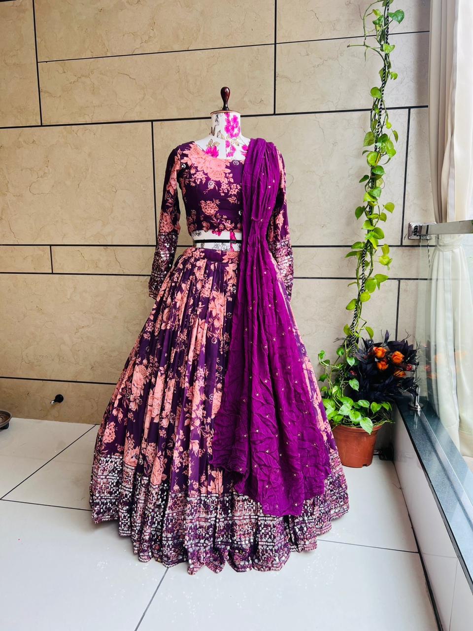 Floral Print With Sequin Work Wine Color Lehenga Choli Clothsvilla