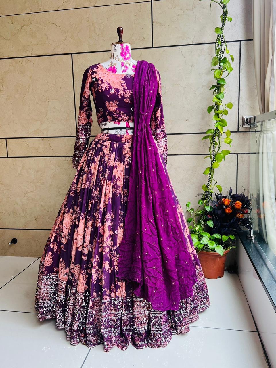 Floral Print With Sequin Work Wine Color Lehenga Choli Clothsvilla