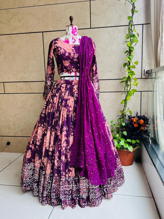 Floral Print With Sequin Work Wine Color Lehenga Choli Clothsvilla