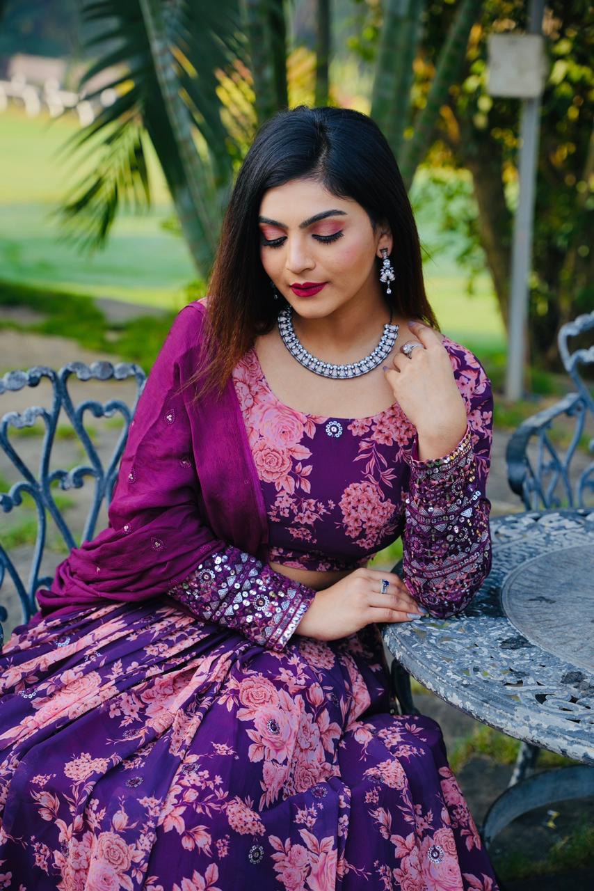 Floral Print With Sequin Work Wine Color Lehenga Choli Clothsvilla