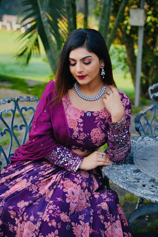 Floral Print With Sequin Work Wine Color Lehenga Choli Clothsvilla