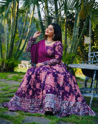 Floral Print With Sequin Work Wine Color Lehenga Choli Clothsvilla