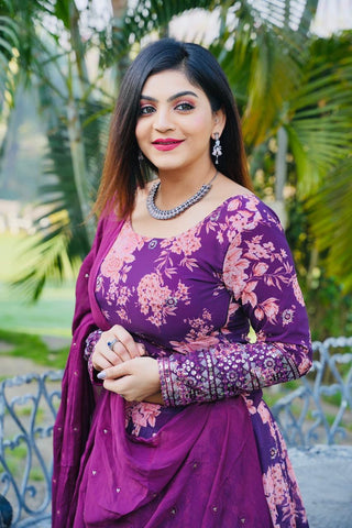 Floral Print With Sequin Work Wine Color Lehenga Choli Clothsvilla