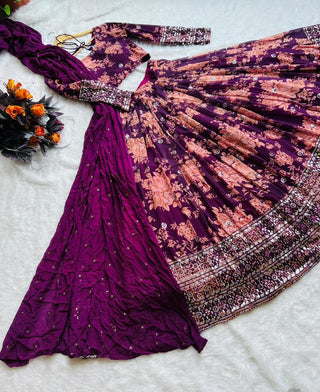 Floral Print With Sequin Work Wine Color Lehenga Choli Clothsvilla
