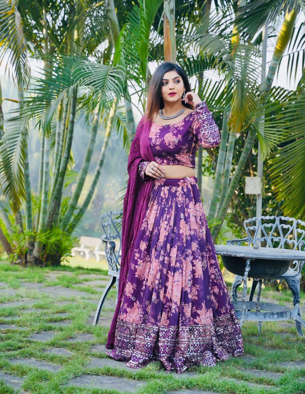 Floral Print With Sequin Work Wine Color Lehenga Choli Clothsvilla